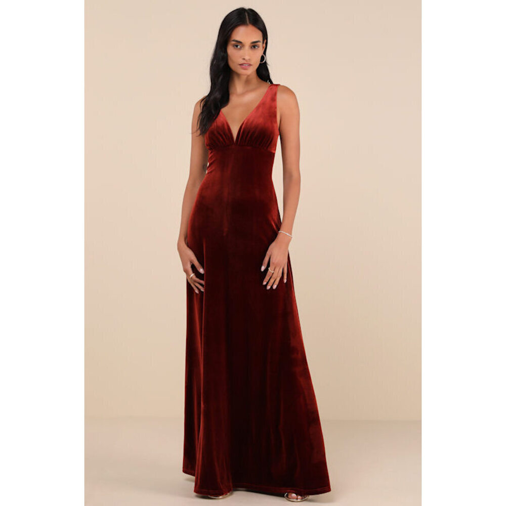 Lulus Decadent Evening Rust Orange Velvet Sleeveless Maxi Dress - Size L